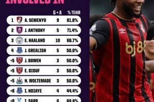 塞梅尼奥本赛季参与9球，占伯恩茅斯总进球数81.8%为英超最高